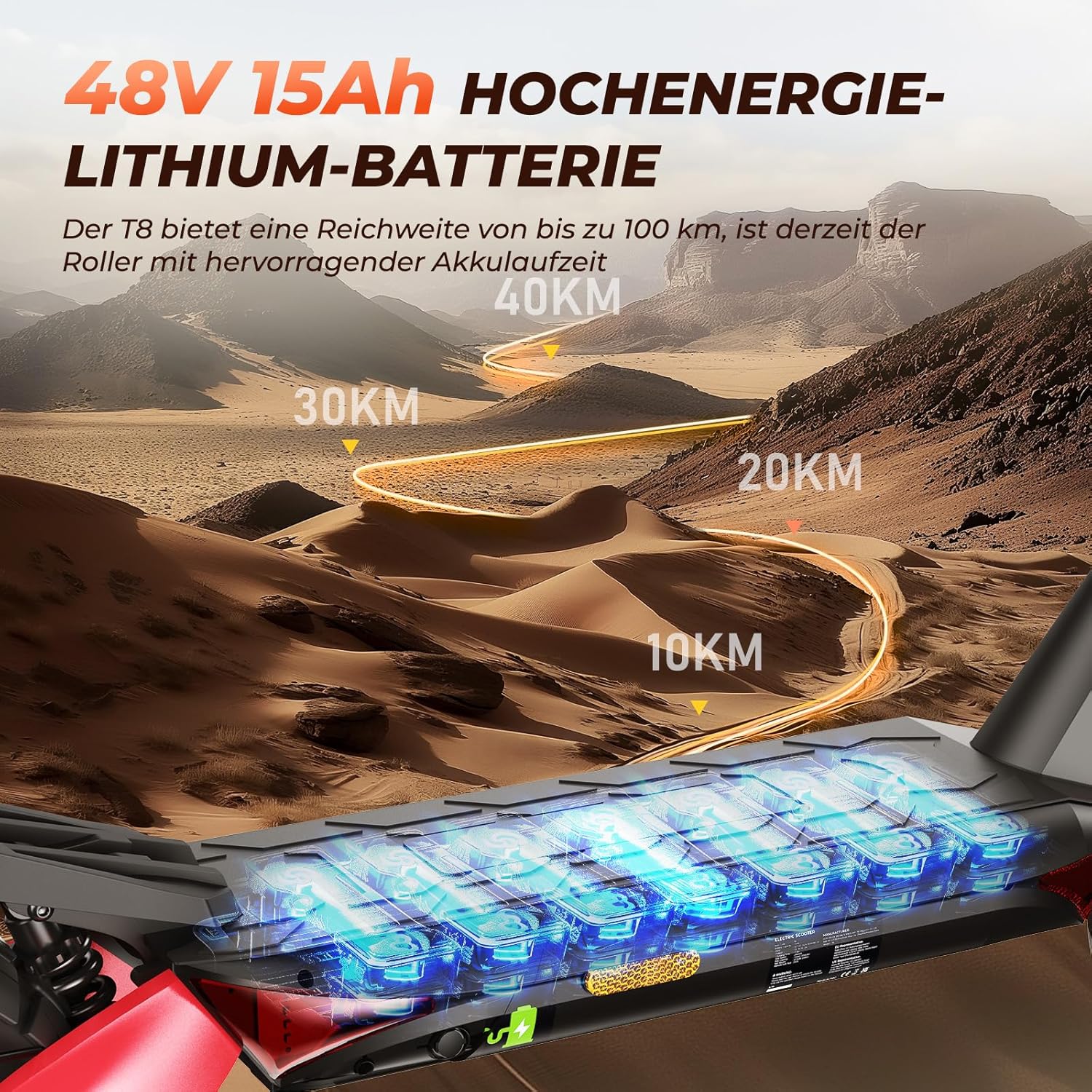 E Scooter mit Straßenzulassung, 80-100 KM Reichweite, 48V 15Ah, 10 Zoll Offroad Luftreifen, ABE Elektroroller mit Doppelter Stoßdämpfung, Faltbarer E Roller Offroad Belastung bis 150 KG, LED, App